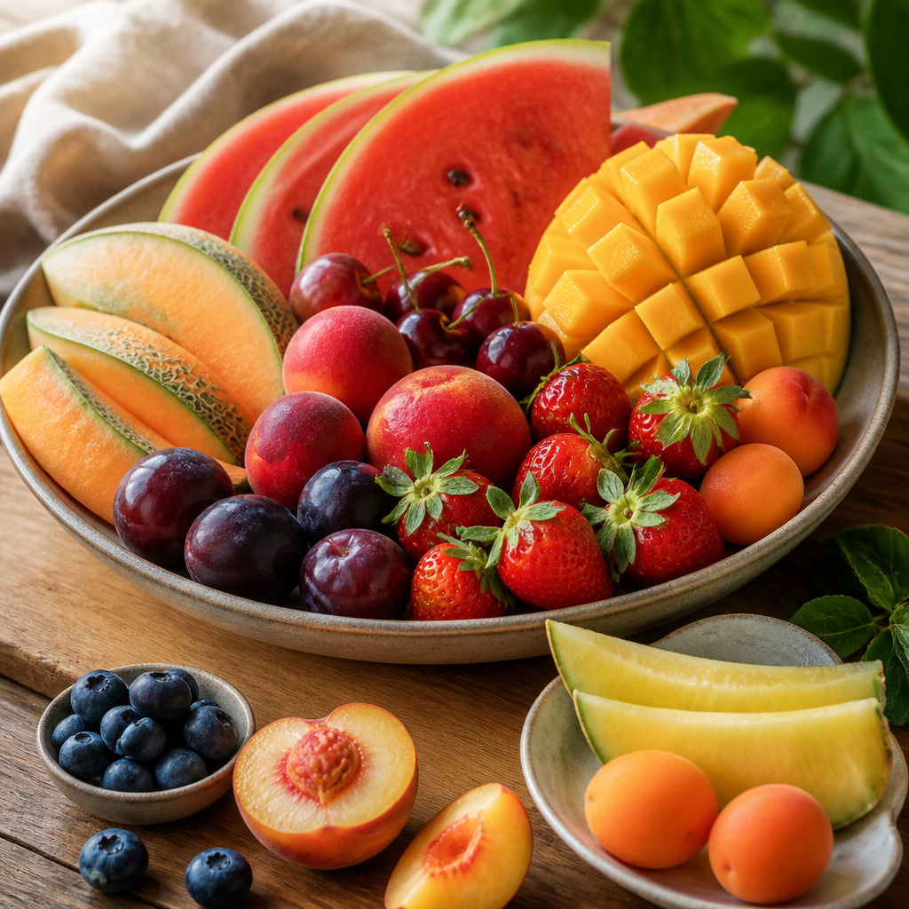 Frutas de verano como melón, sandía, melocotones, nectarinas, ciruelas e higos